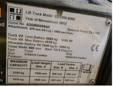 Hyster identification plate